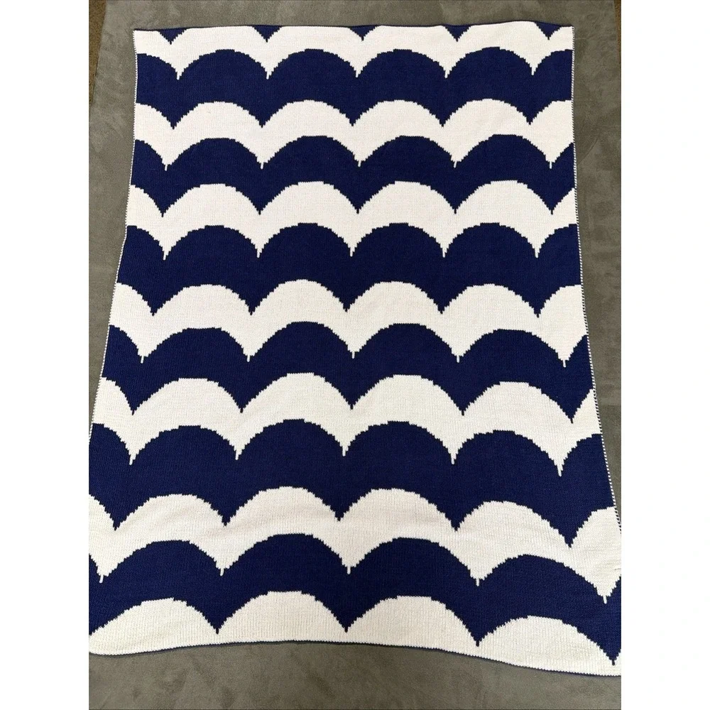 Harper Canyon Navy Blue & White Scallop Baby Blanket Knitted Waves